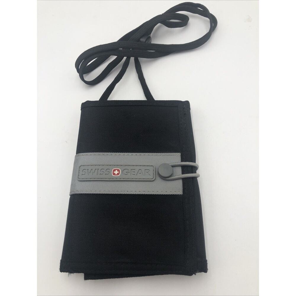 Swiss Gear nylon Black Soft Trifold Wallet W/Strap Passport Case